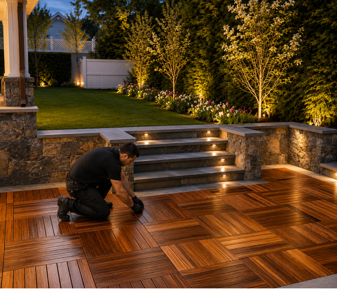 GH Outdoor Living team member installing an outdoor deck